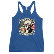 Racerback tank with Let's Get This Party Founded text, George Washington drinking a beer, and distressed American flag background. Perfect for 4th of July.