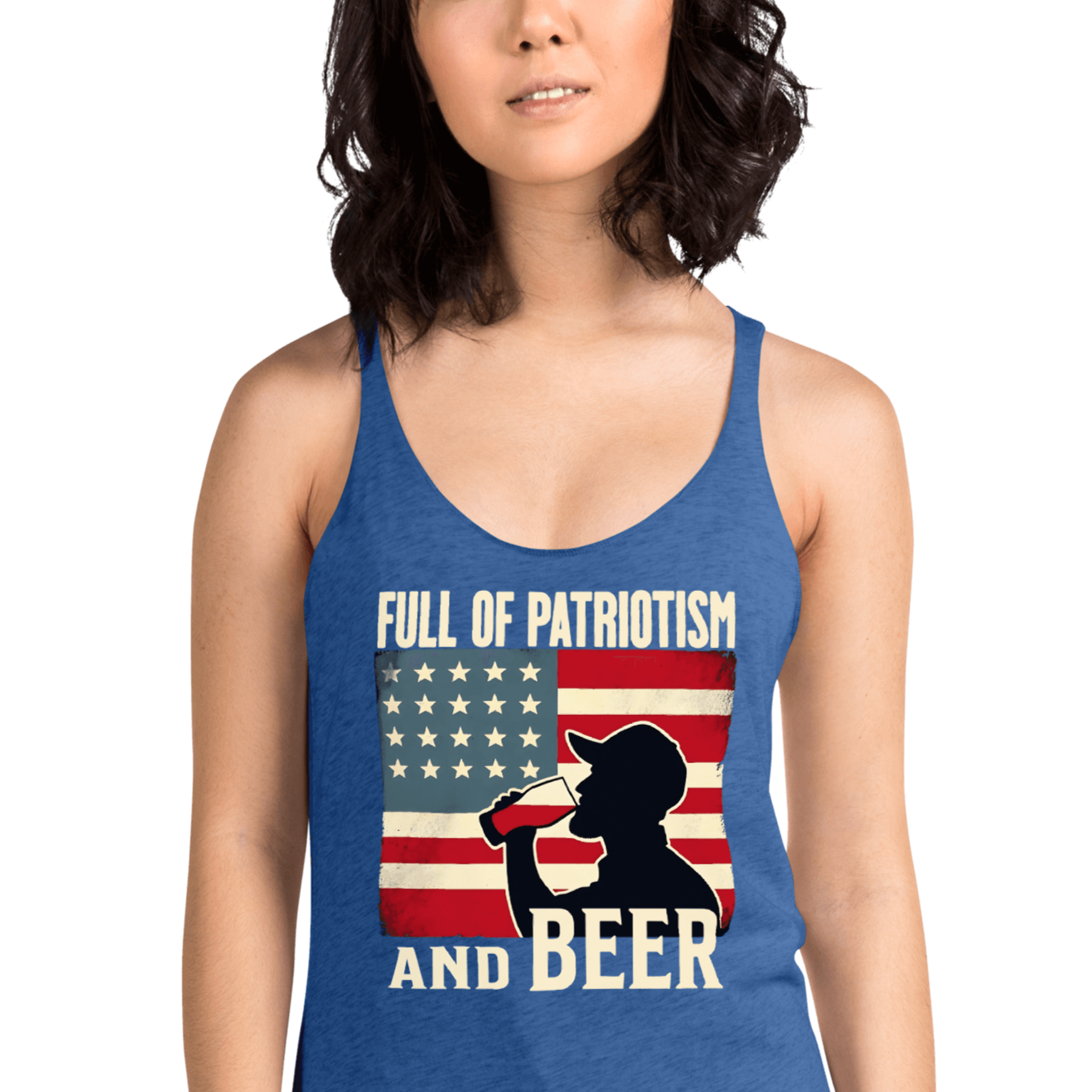 Racerback tank with Full of Patriotism and Beer text and a distressed American flag background. Perfect for 4th of July.