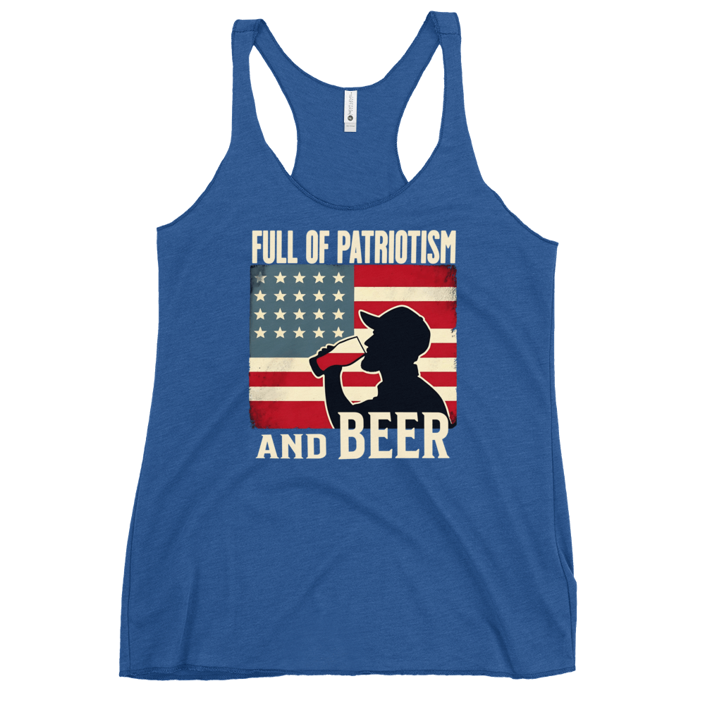 Racerback tank with Full of Patriotism and Beer text and a distressed American flag background. Perfect for 4th of July.