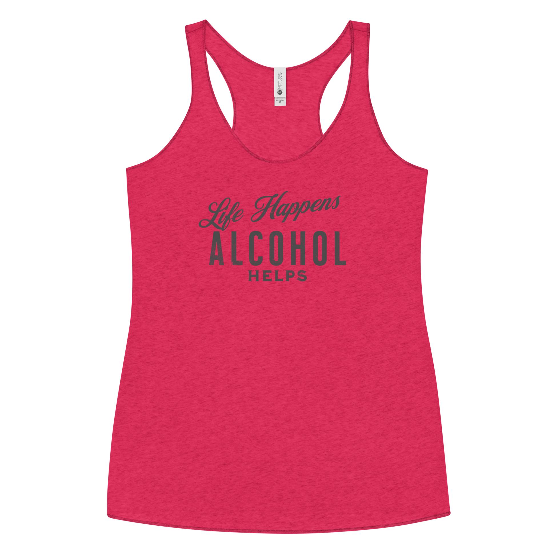 Funny Women's Racerback Tank | Life Happens Whiskey Helps Embrace the laughs with our Life Happens Alcohol Helps Racerback Tank. Perfectly lightweight, soft, and edgy for every fun-loving woman.