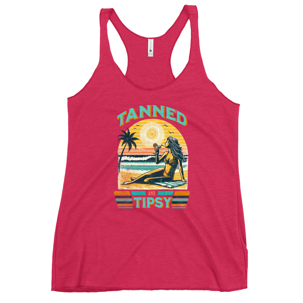 Retro 'Tanned and Tipsy' racerback tank with a woman enjoying a sunset cocktail on the beach, ideal for summer beach parties and day drinking.