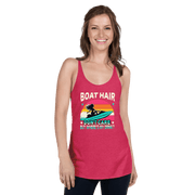 Racerback tank with "Boar Hair Don't Care, But Where's My Drink?" featuring a woman on a jet ski against a sunset.