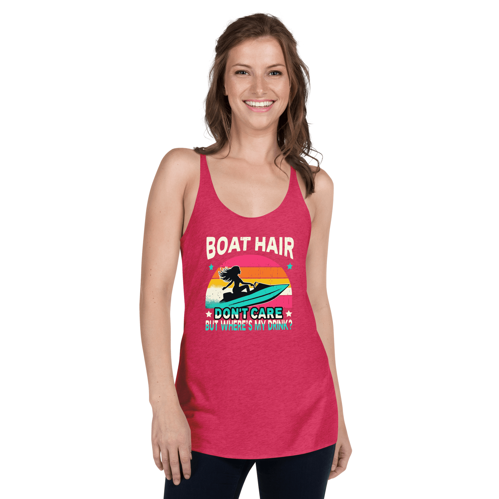 Racerback tank with "Boar Hair Don't Care, But Where's My Drink?" featuring a woman on a jet ski against a sunset.