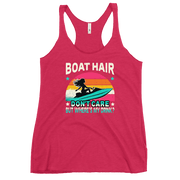 Racerback tank with "Boar Hair Don't Care, But Where's My Drink?" featuring a woman on a jet ski against a sunset.