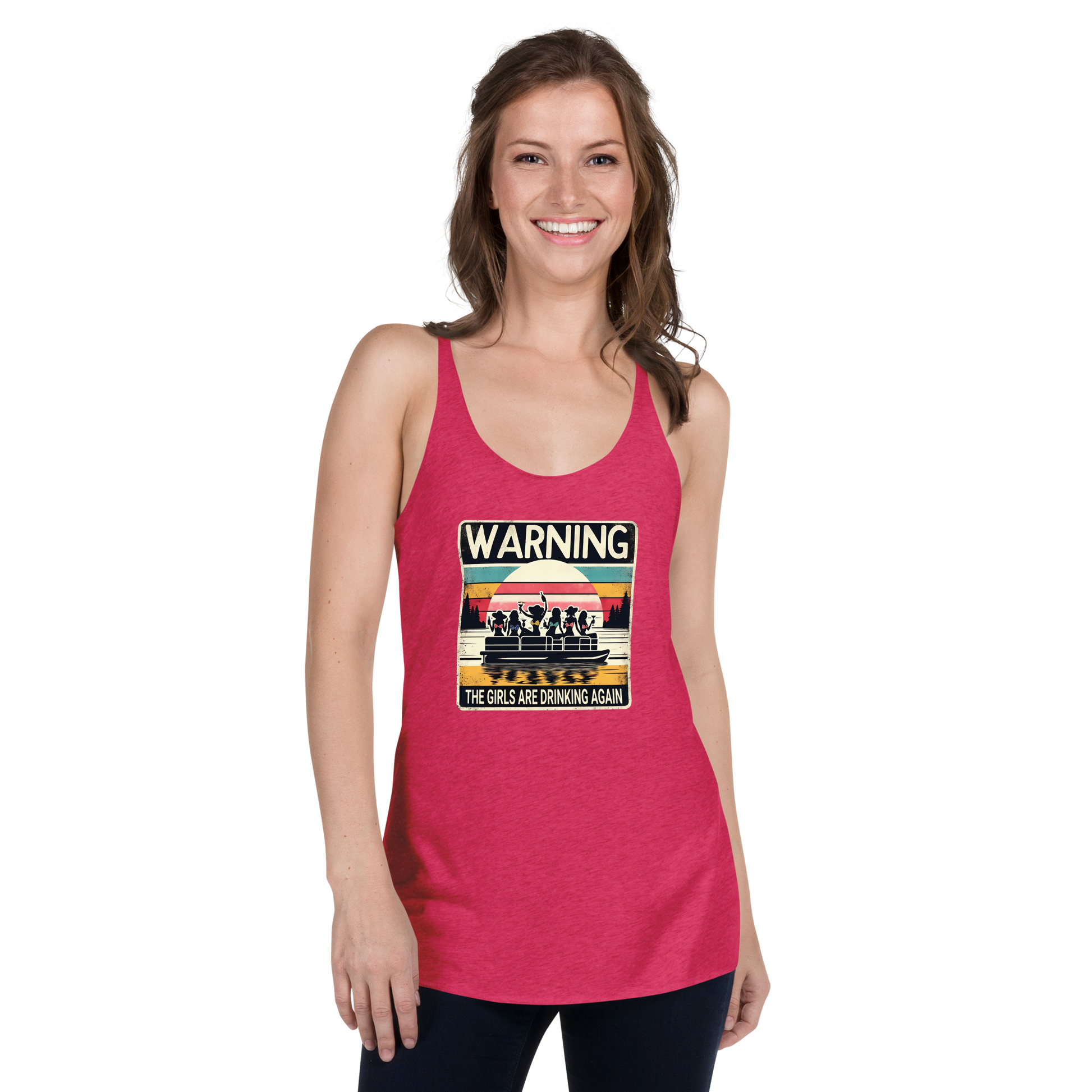 Racerback tank featuring "Warning: The Girls Are Drinking Again" with an illustration of girls drinking on a pontoon boat at sunset.