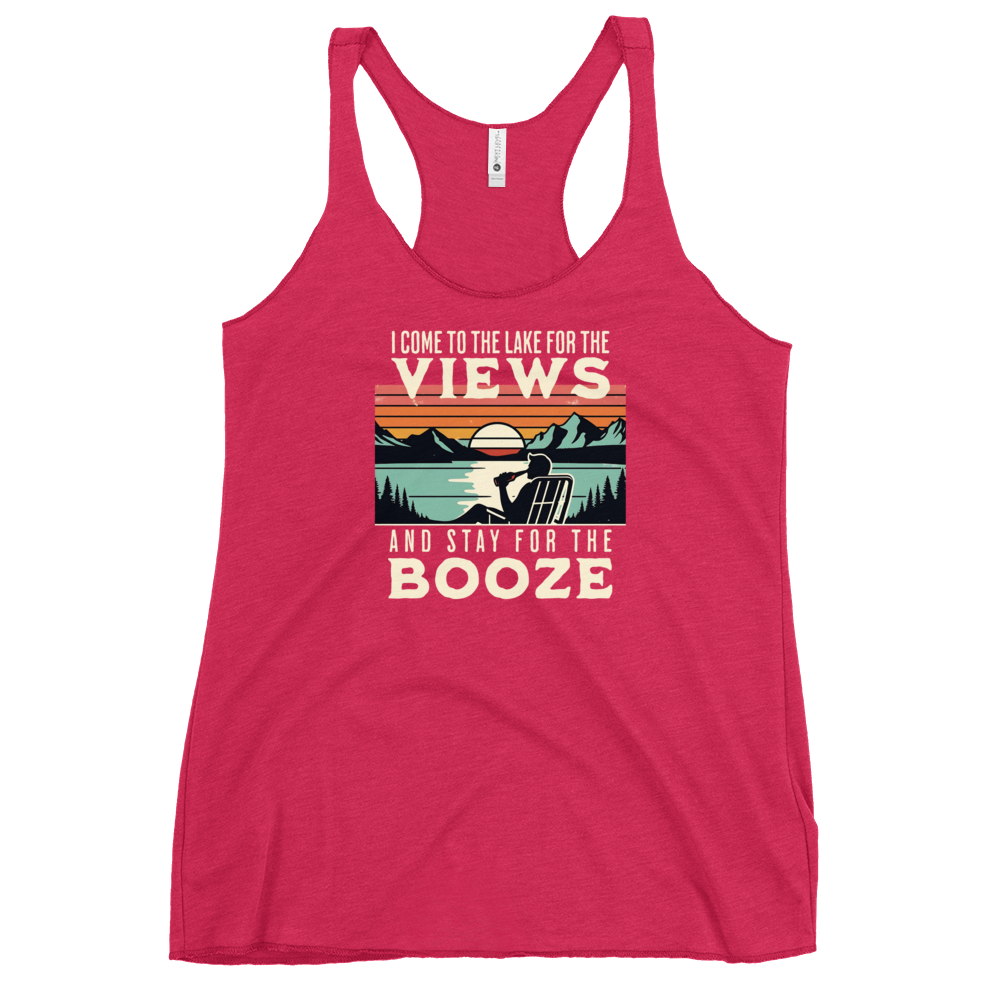 Racerback tank with "I Come to the Lake for the Views and Stay for the Booze," featuring a man in a beach chair, lake, and sunset.