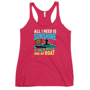 Racerback tank featuring "All I Need Is Sunshine, a Cold Beer, and My Boat," with a man in a boat and a retro sunset.