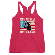 Racerback tank with '100% American Drunkard' text, man drinking a bottle of beer wearing a trucker hat, and distressed American flag background for the 4th of July