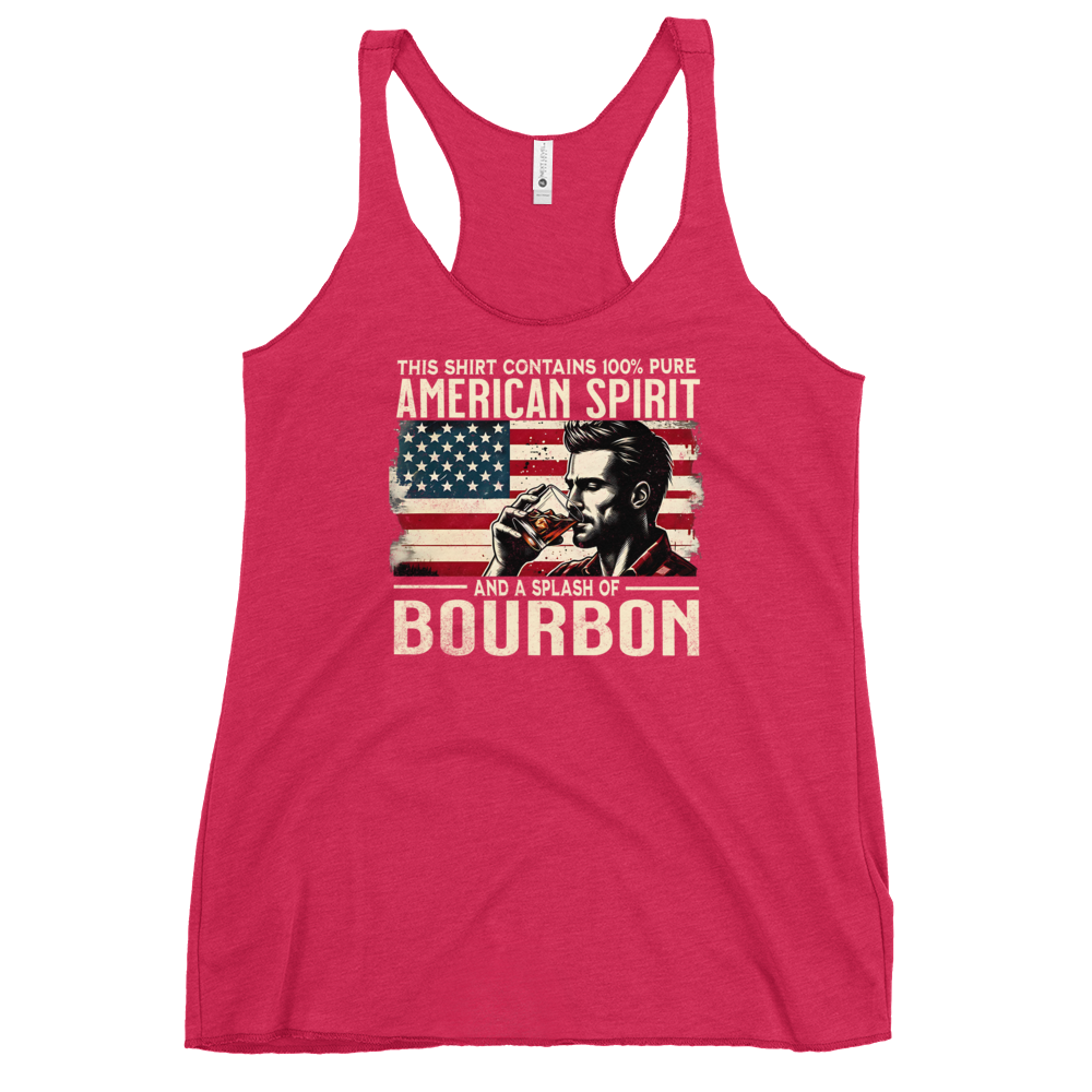 Racerback tank with 'This Shirt Contains 100% American Spirit and a Splash of Bourbon' text, man drinking a glass of bourbon, and distressed American flag background