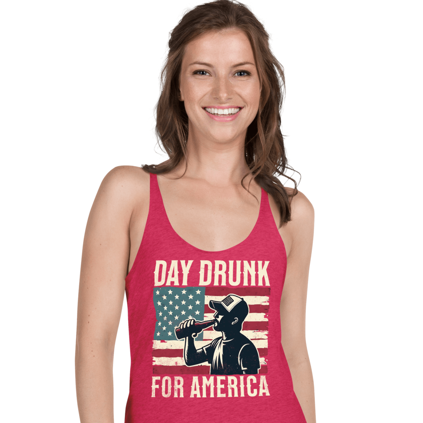 Racerback tank with Day Drunk for America text, silhouette of a man drinking a bottle of beer, and distressed American flag background. Perfect for 4th of July.