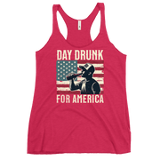 Racerback tank with Day Drunk for America text, silhouette of a man drinking a bottle of beer, and distressed American flag background. Perfect for 4th of July.