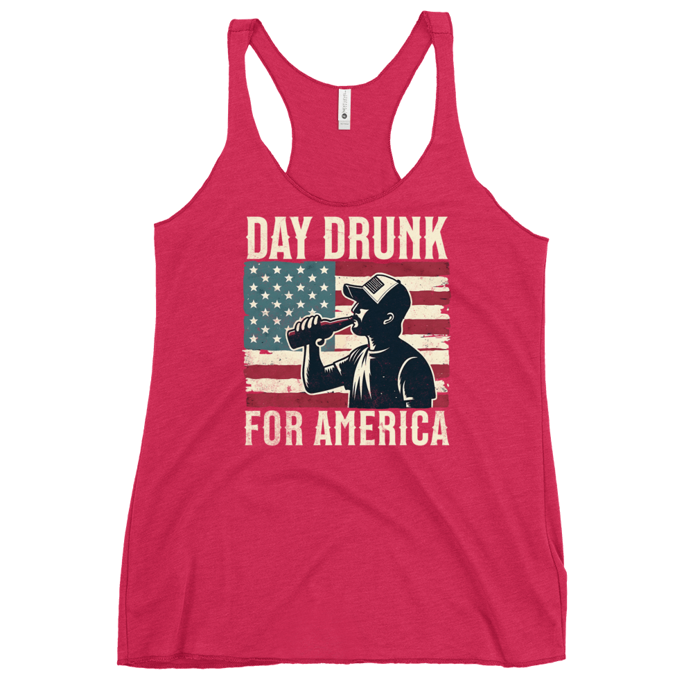 Racerback tank with Day Drunk for America text, silhouette of a man drinking a bottle of beer, and distressed American flag background. Perfect for 4th of July.