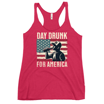 Racerback tank with Day Drunk for America text, silhouette of a man drinking a bottle of beer, and distressed American flag background. Perfect for 4th of July.
