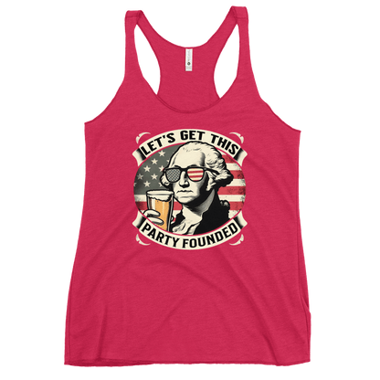 Racerback tank with Let's Get This Party Founded text, George Washington drinking a beer, and distressed American flag background. Perfect for 4th of July.