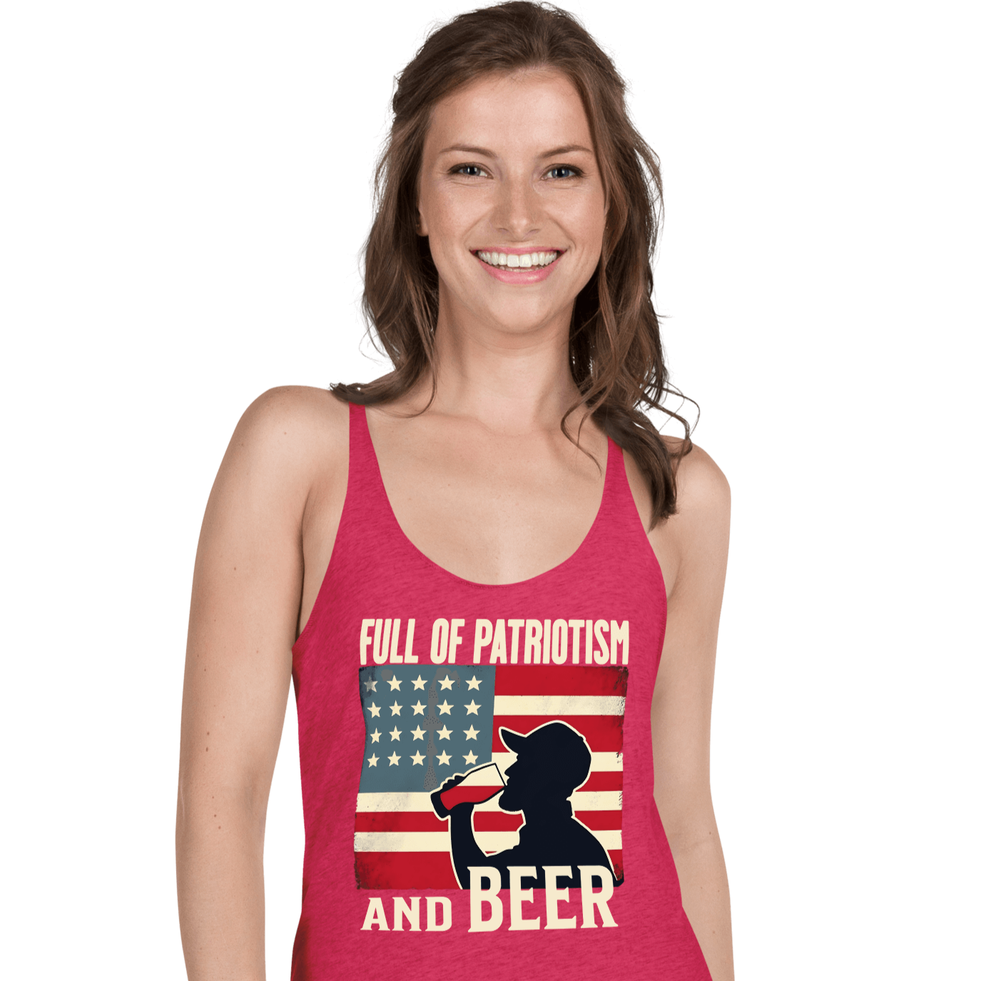 Racerback tank with Full of Patriotism and Beer text and a distressed American flag background. Perfect for 4th of July.