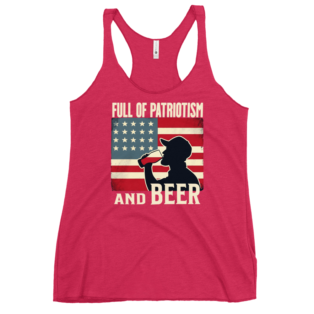 Racerback tank with Full of Patriotism and Beer text and a distressed American flag background. Perfect for 4th of July.