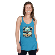 Beach scene on 'Sun, Sand, and a Drink in My Hand' racerback tank, with woman holding cocktail.