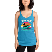 Racerback tank with "Boar Hair Don't Care, But Where's My Drink?" featuring a woman on a jet ski against a sunset.