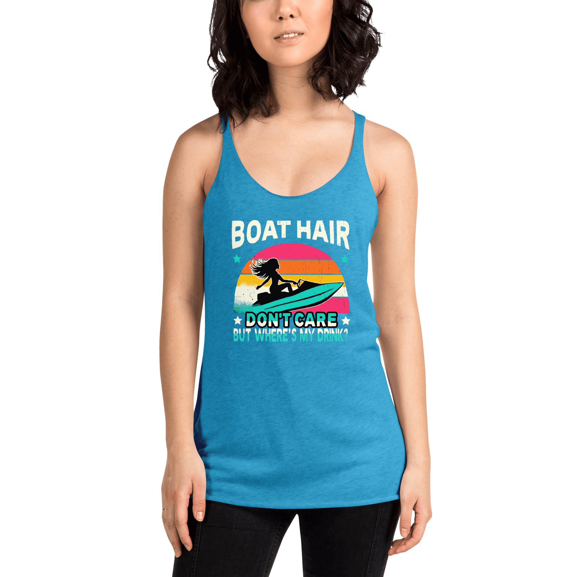 Racerback tank with "Boar Hair Don't Care, But Where's My Drink?" featuring a woman on a jet ski against a sunset.