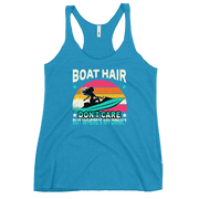 Racerback tank with "Boar Hair Don't Care, But Where's My Drink?" featuring a woman on a jet ski against a sunset.