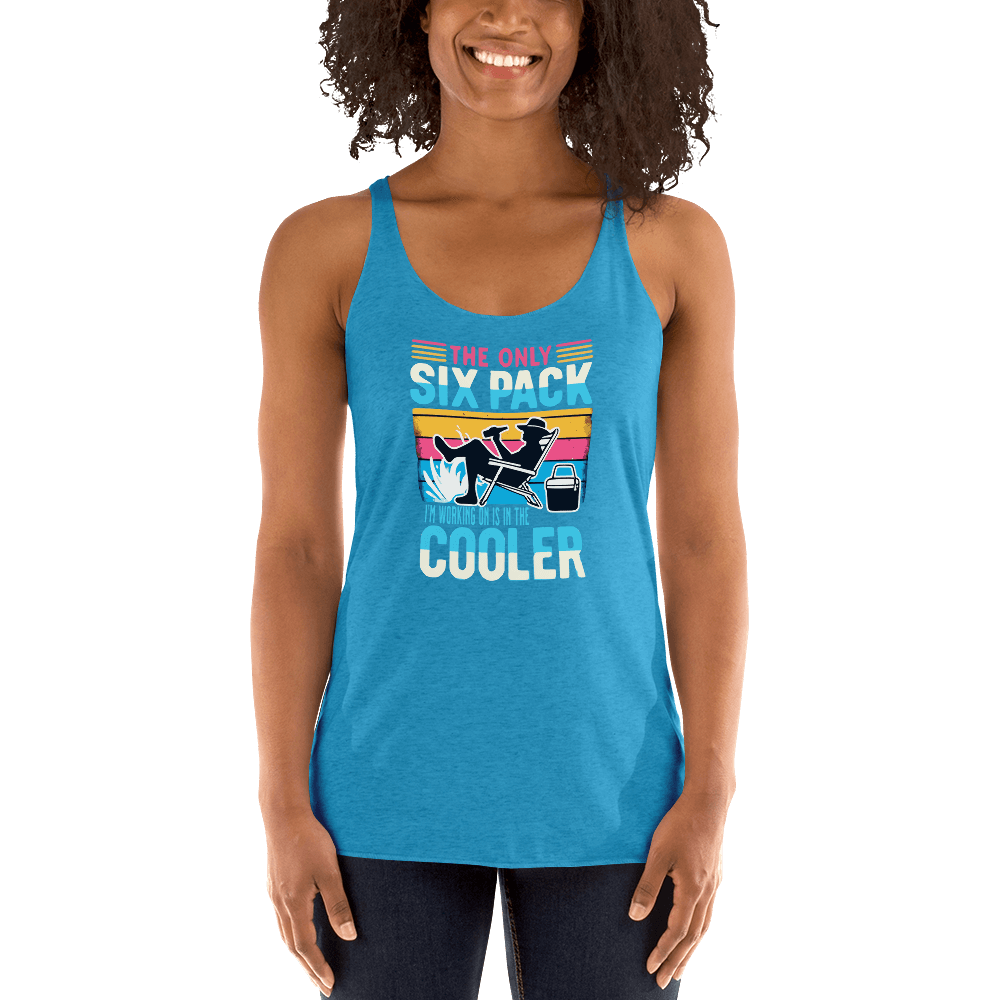 Racerback tank displaying "The Only Six-Pack I'm Working On Is In The Cooler" with a man in a beach chair and a beer.