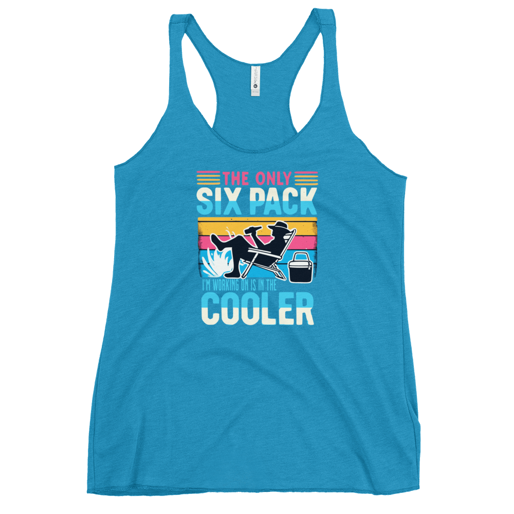 Racerback tank displaying "The Only Six-Pack I'm Working On Is In The Cooler" with a man in a beach chair and a beer.