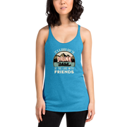 Racerback tank featuring "It's a Good Day to Drink at the Lake with Friends," with people on a boat, lake, and mountains in the background.