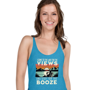 Racerback tank with "I Come to the Lake for the Views and Stay for the Booze," featuring a man in a beach chair, lake, and sunset.