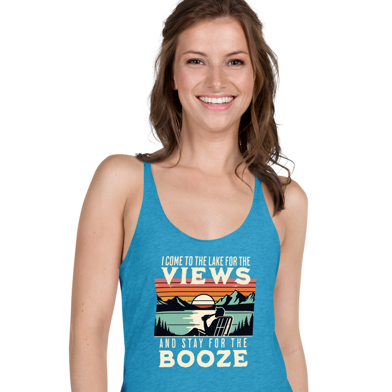 Racerback tank with "I Come to the Lake for the Views and Stay for the Booze," featuring a man in a beach chair, lake, and sunset.