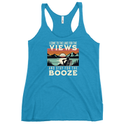 Racerback tank with "I Come to the Lake for the Views and Stay for the Booze," featuring a man in a beach chair, lake, and sunset.