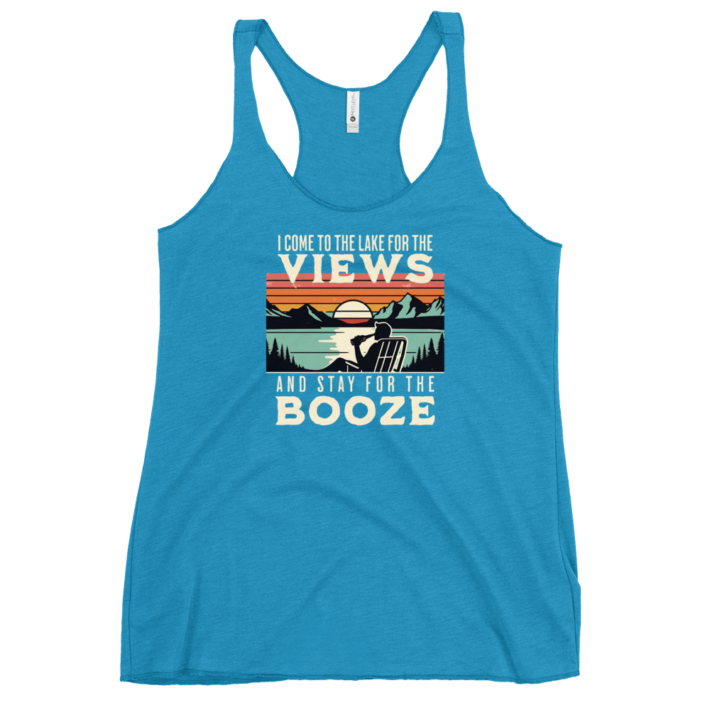 Racerback tank with "I Come to the Lake for the Views and Stay for the Booze," featuring a man in a beach chair, lake, and sunset.