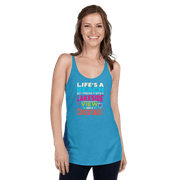 Racerback tank with "Life's a Beach but I Prefer It with a Lakeside View and a Cocktail" in bright, lively colors.