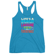 Racerback tank with "Life's a Beach but I Prefer It with a Lakeside View and a Cocktail" in bright, lively colors.