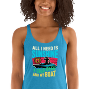 Racerback tank featuring "All I Need Is Sunshine, a Cold Beer, and My Boat," with a man in a boat and a retro sunset.