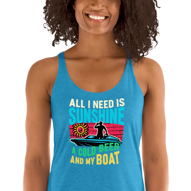 Racerback tank featuring "All I Need Is Sunshine, a Cold Beer, and My Boat," with a man in a boat and a retro sunset.