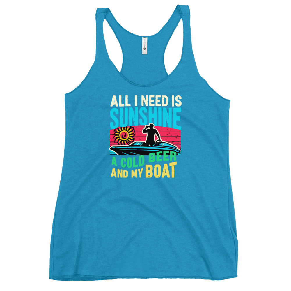 Racerback tank featuring "All I Need Is Sunshine, a Cold Beer, and My Boat," with a man in a boat and a retro sunset.