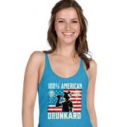 Racerback tank with '100% American Drunkard' text, man drinking a bottle of beer wearing a trucker hat, and distressed American flag background for the 4th of July