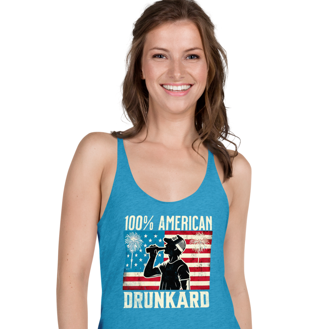 Racerback tank with '100% American Drunkard' text, man drinking a bottle of beer wearing a trucker hat, and distressed American flag background for the 4th of July