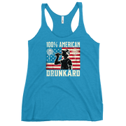 Racerback tank with '100% American Drunkard' text, man drinking a bottle of beer wearing a trucker hat, and distressed American flag background for the 4th of July