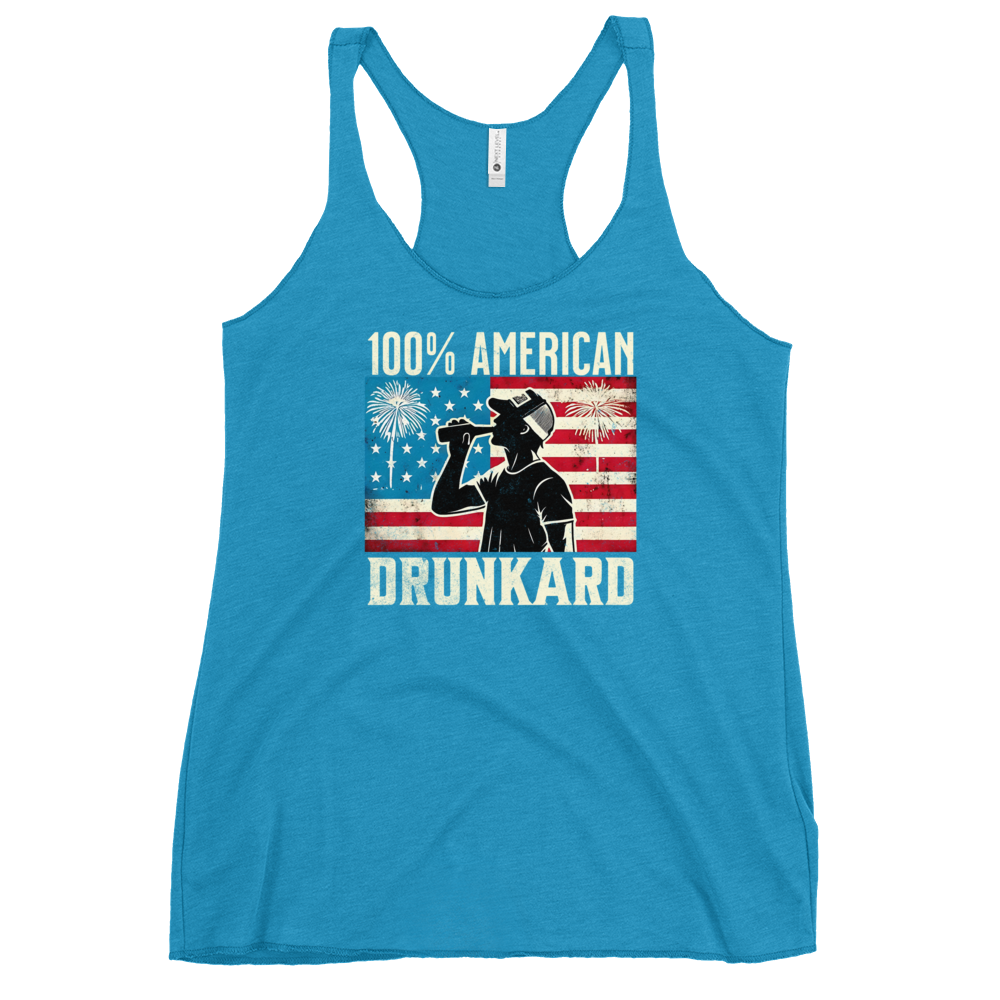 Racerback tank with '100% American Drunkard' text, man drinking a bottle of beer wearing a trucker hat, and distressed American flag background for the 4th of July