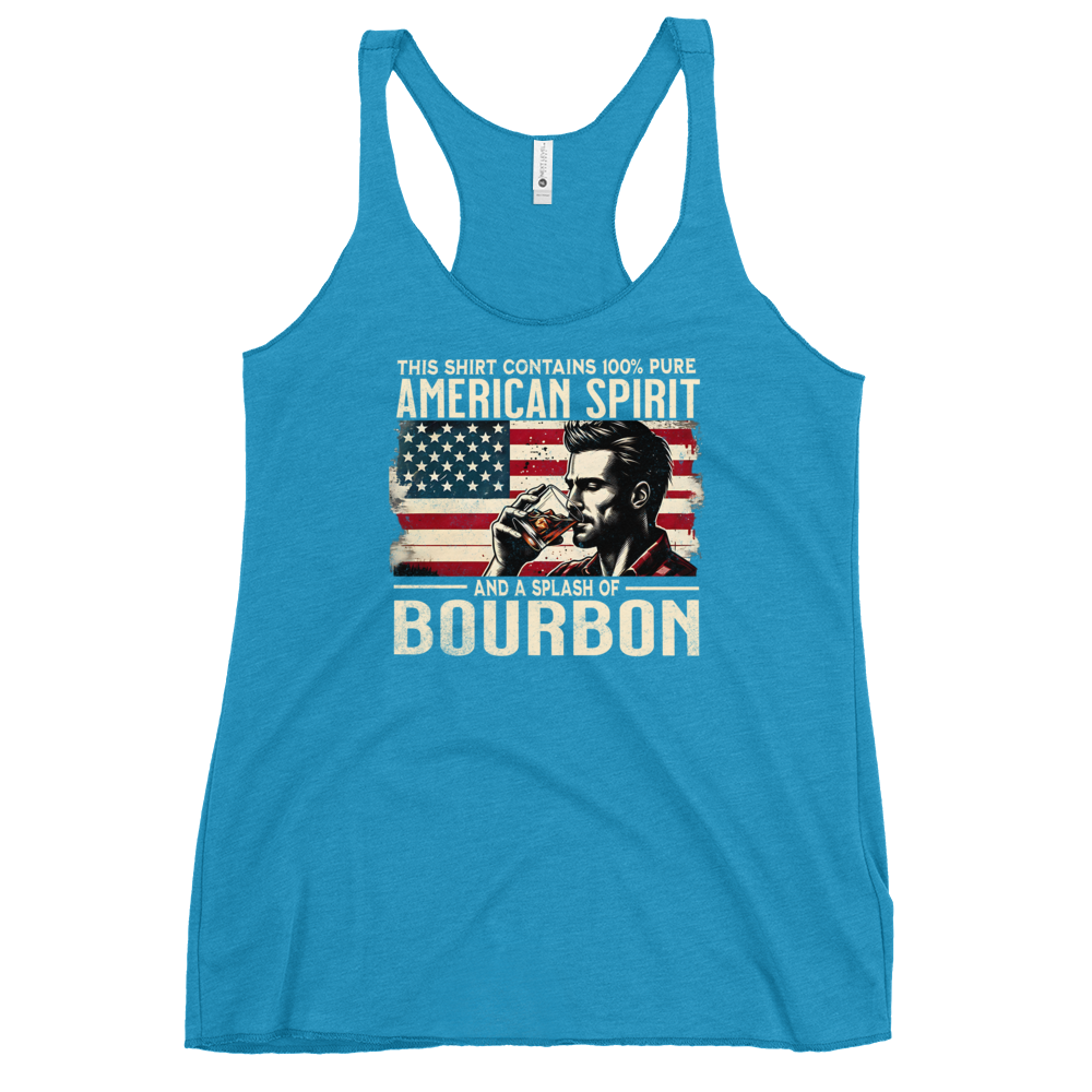 Racerback tank with 'This Shirt Contains 100% American Spirit and a Splash of Bourbon' text, man drinking a glass of bourbon, and distressed American flag background