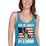 Racerback tank with Give Me Liberty or Give Me a Shot of Bourbon text, Statue of Liberty holding a shot glass, and distressed American flag background. Perfect for 4th of July.