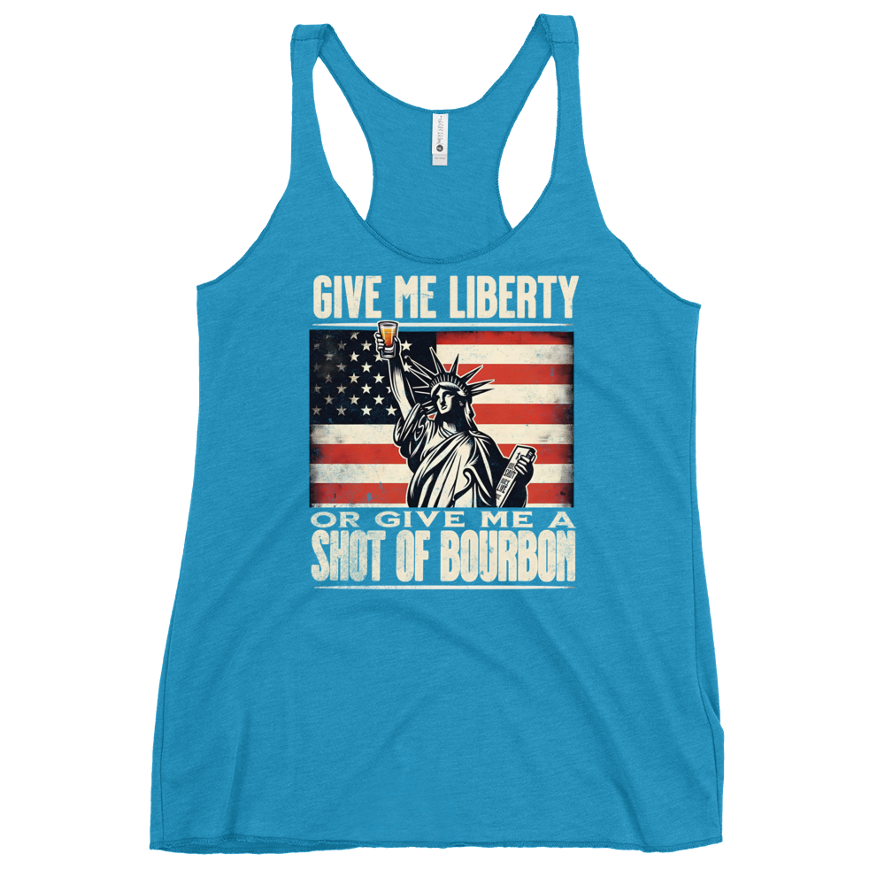 Racerback tank with Give Me Liberty or Give Me a Shot of Bourbon text, Statue of Liberty holding a shot glass, and distressed American flag background. Perfect for 4th of July.