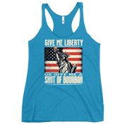 Racerback tank with Give Me Liberty or Give Me a Shot of Bourbon text, Statue of Liberty holding a shot glass, and distressed American flag background. Perfect for 4th of July.