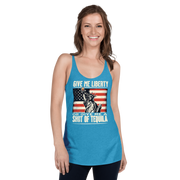 Racerback tank with Give Me Liberty or Give Me a Shot of Tequila text, Statue of Liberty holding a shot glass, and distressed American flag background. Perfect for 4th of July.