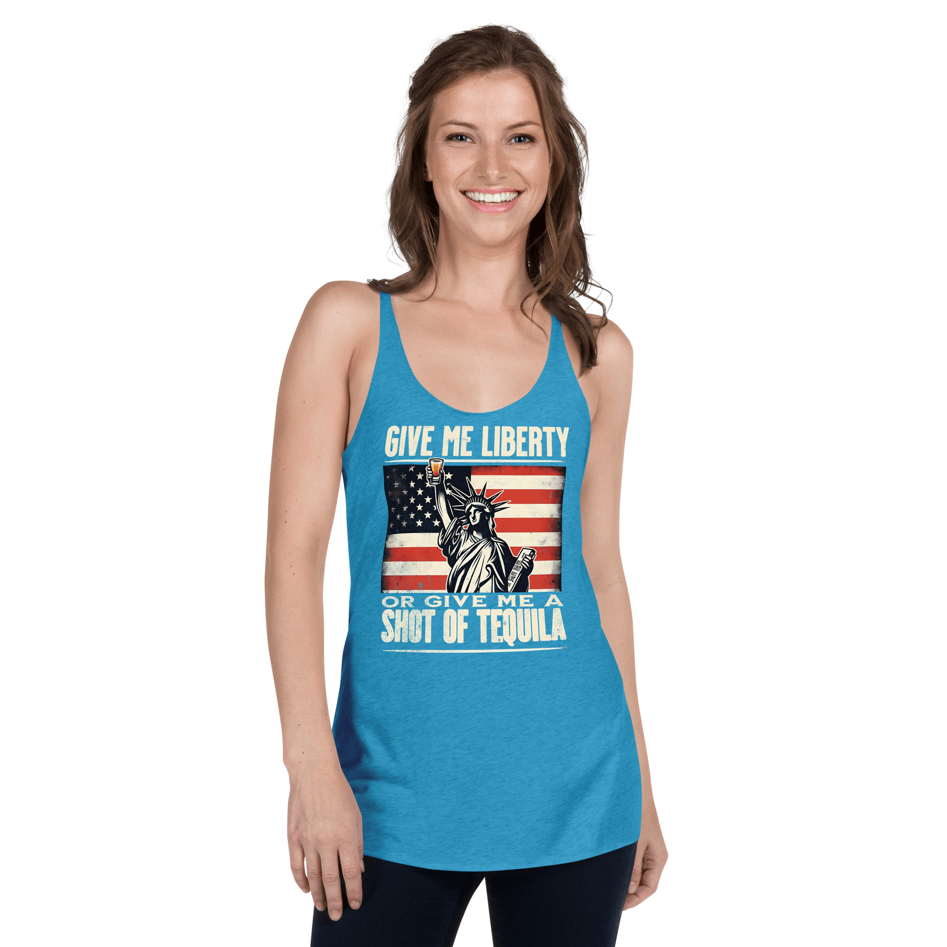 Racerback tank with Give Me Liberty or Give Me a Shot of Tequila text, Statue of Liberty holding a shot glass, and distressed American flag background. Perfect for 4th of July.