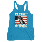 Racerback tank with Give Me Liberty or Give Me a Shot of Tequila text, Statue of Liberty holding a shot glass, and distressed American flag background. Perfect for 4th of July.