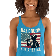 Racerback tank with Day Drunk for America text, silhouette of a man drinking a bottle of beer, and distressed American flag background. Perfect for 4th of July.