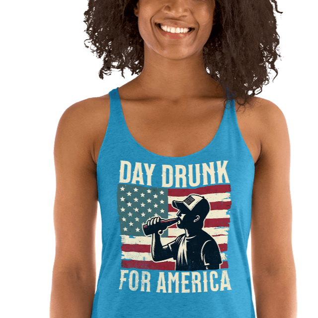 Racerback tank with Day Drunk for America text, silhouette of a man drinking a bottle of beer, and distressed American flag background. Perfect for 4th of July.