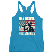 Racerback tank with Day Drunk for America text, silhouette of a man drinking a bottle of beer, and distressed American flag background. Perfect for 4th of July.